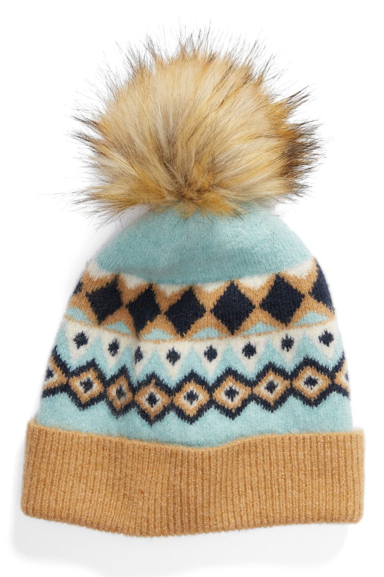 x Atlantic-Pacific Fair Isle Faux Fur Pom Beanie (Nordstrom Exclusive), Main, color, BLUE COMBO