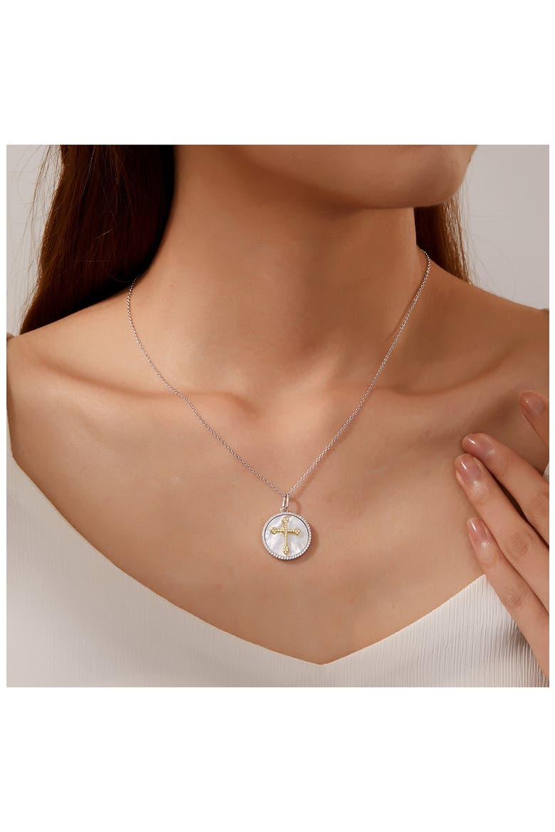 Simulated Diamond & Mother-of-Pearl Cross Pendant Necklace, Alternate, color, WHITE