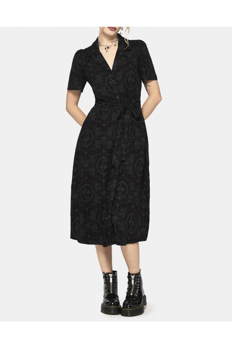 Cameo Floral Tie Belt Midi Shirt Dress, Alternate, color, Black