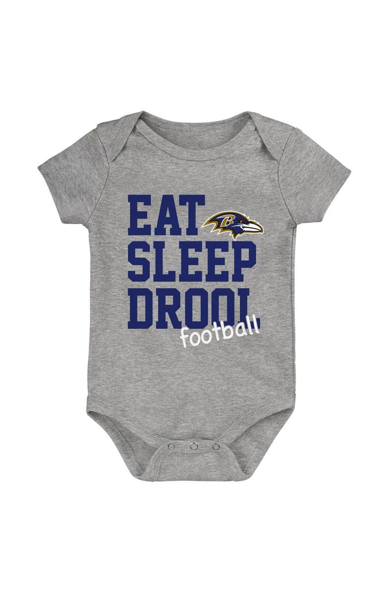 Outerstuff Newborn & Infant Purple/Black/Heather Gray Baltimore Ravens Three-Pack Eat, Sleep & Drool Retro Bodysuit Set, Alternate, color,