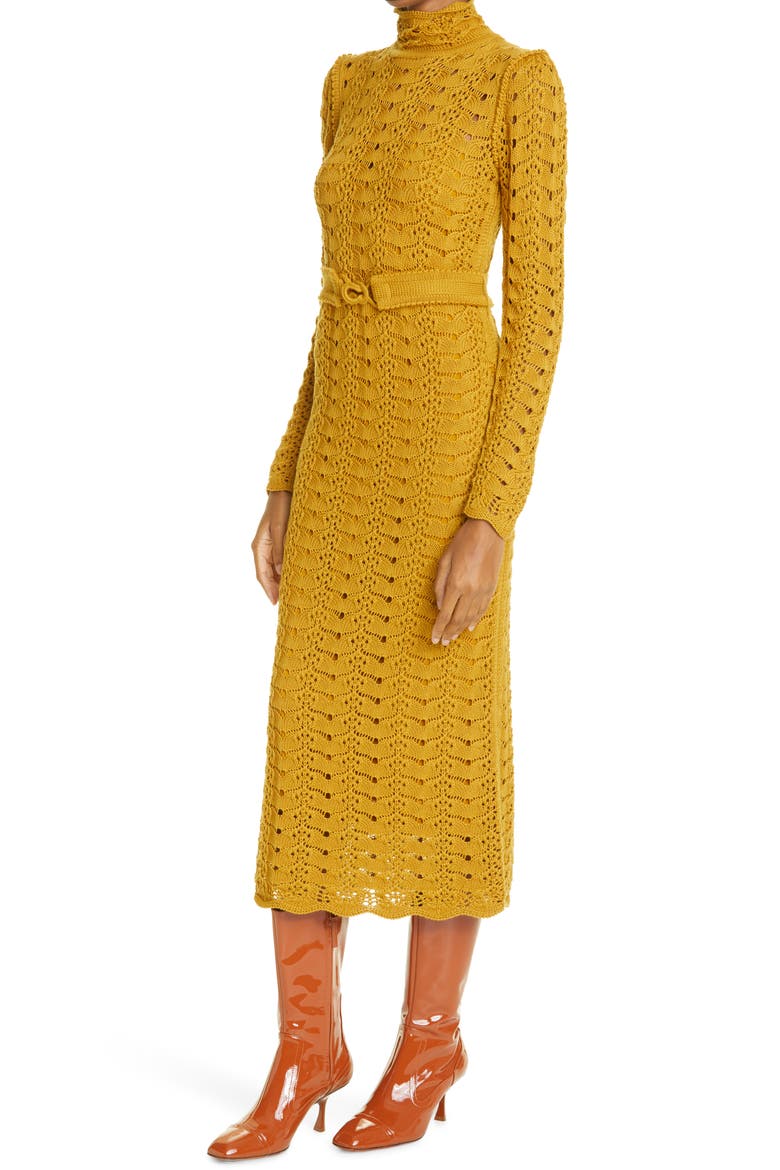 Concert Long Sleeve Crochet Merino Wool Midi Dress, Alternate, color, DARK MUSTARD