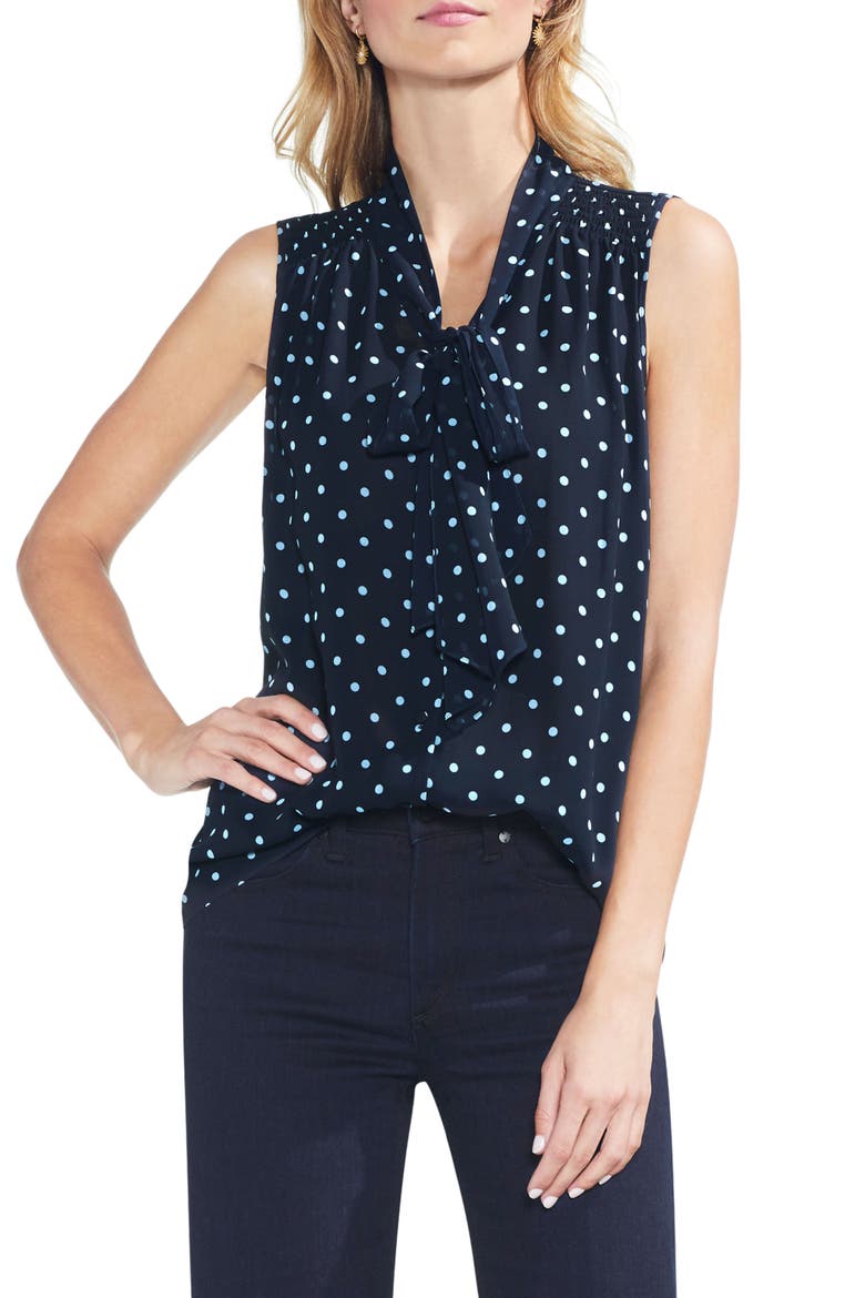 Romantic Dots Tie Neck Blouse, Main, color, CLASSIC NAVY