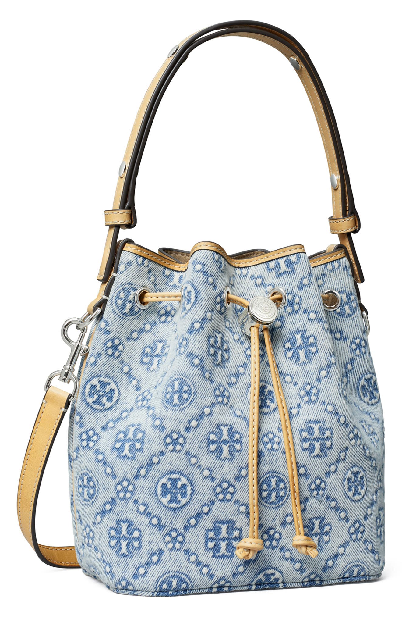 Tory Burch Mini T Monogram Denim Bucket Bag, Alternate, color, Powder Blue
