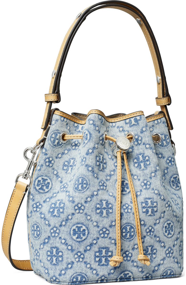 Tory Burch Mini T Monogram Denim Bucket Bag, Alternate, color, Powder Blue