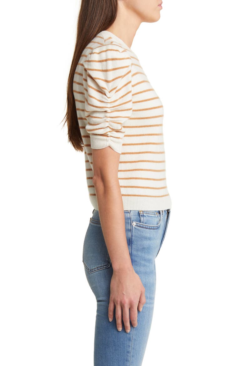 Stripe Ruched Sleeve Cashmere Sweater, Alternate, color, CAMEL MULTI
