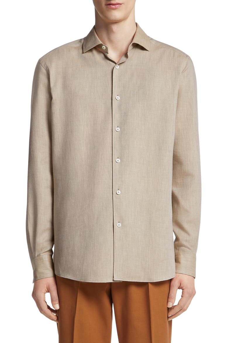 Cashco Cotton & Cashmere Button-Up Shirt, Main, color, BEIGE