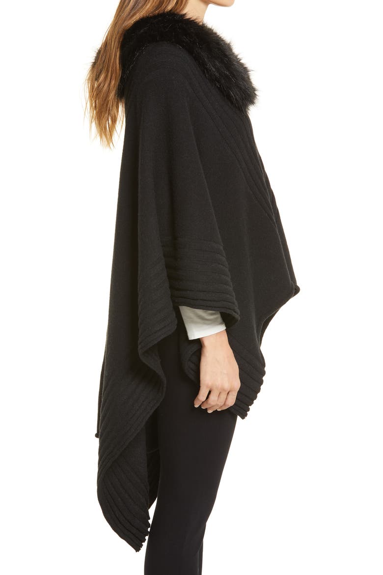 Rib Ruana with Faux Fur Collar, Alternate, color, BLACK