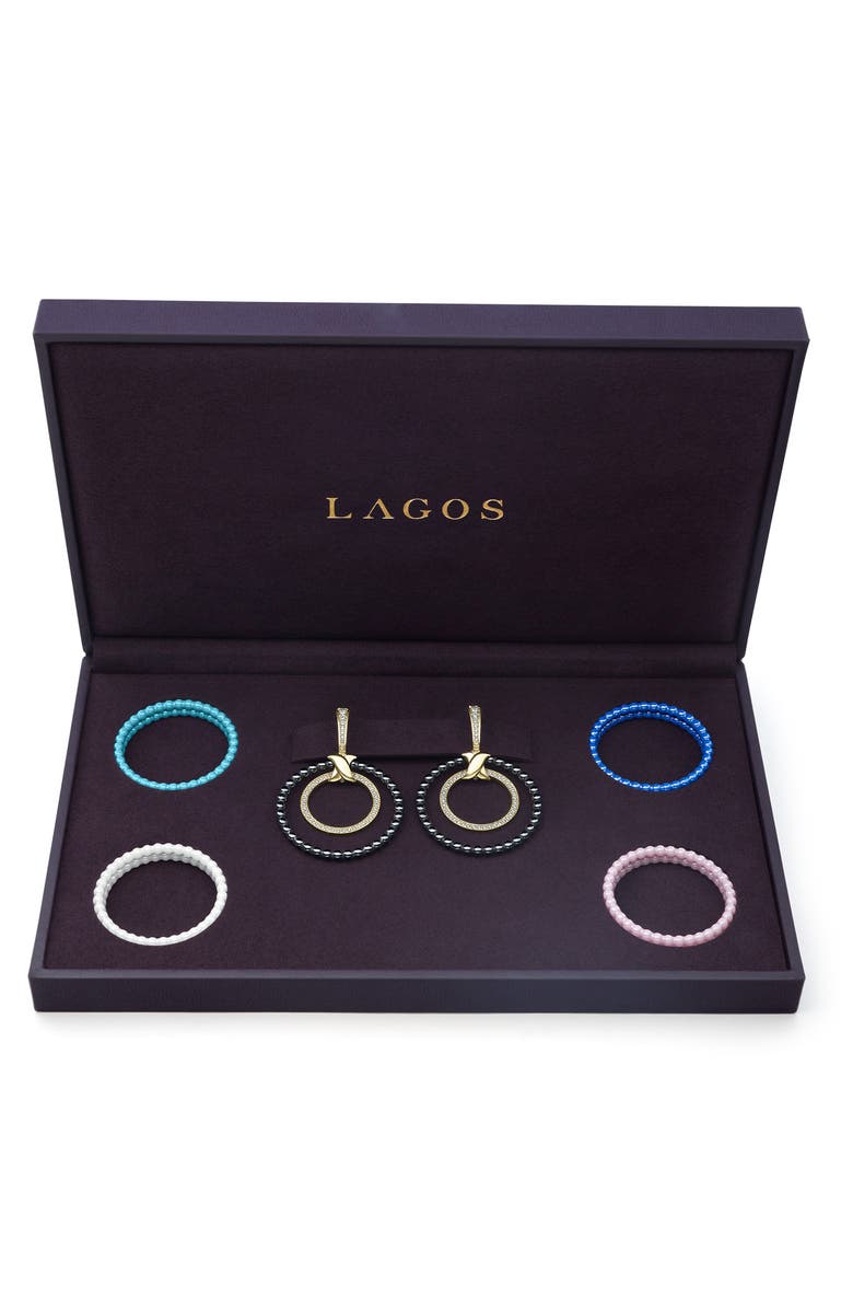LAGOS Meridian Double Circle 18K Gold Diamond & Ceramic Earring Set, Alternate, color, Diamond/ Silver