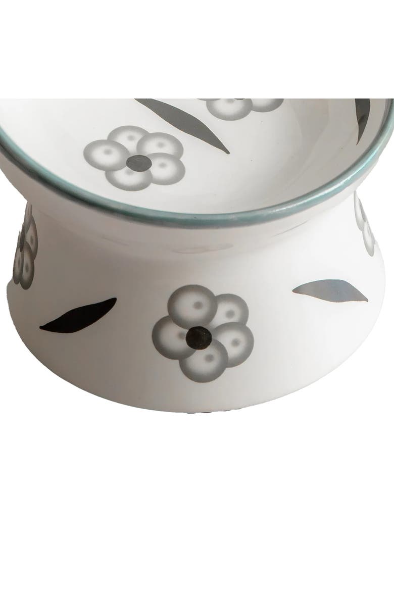 Elevated Ceramic Cat Bowl, Floral White & Black, 7oz, Pet Feeding Dish, Alternate, color, Multicolored