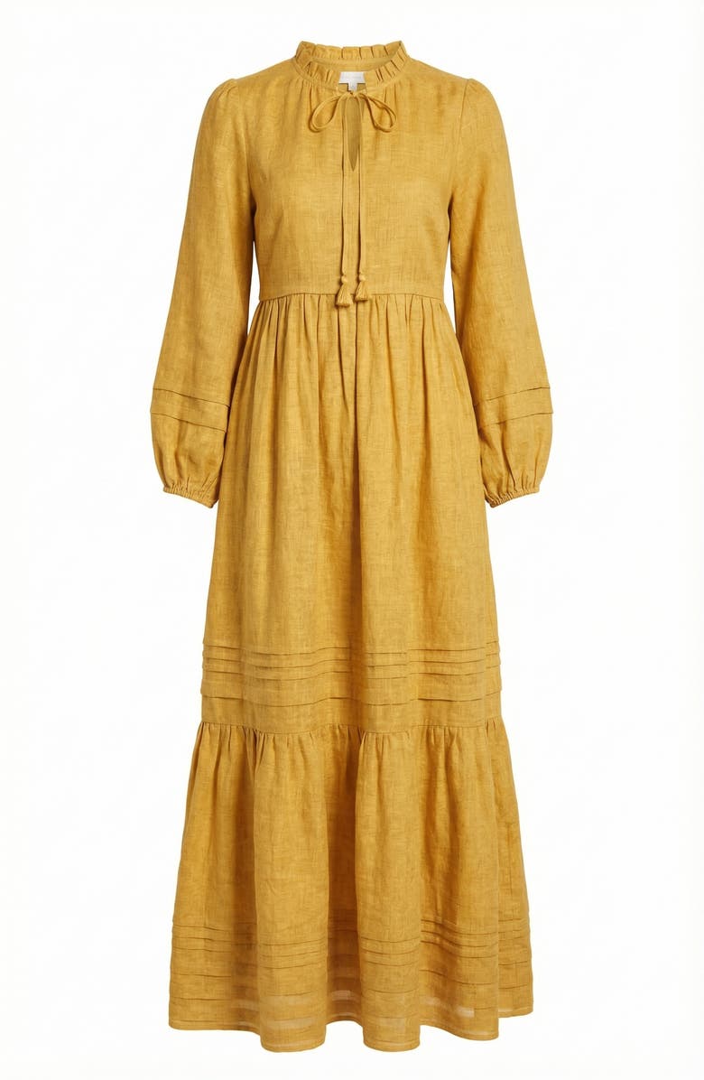 Modenaire Midi Shirred Neckline Tie Front Long Sleeve Tiered Hem Dress, Alternate, color, Mustard Yellow
