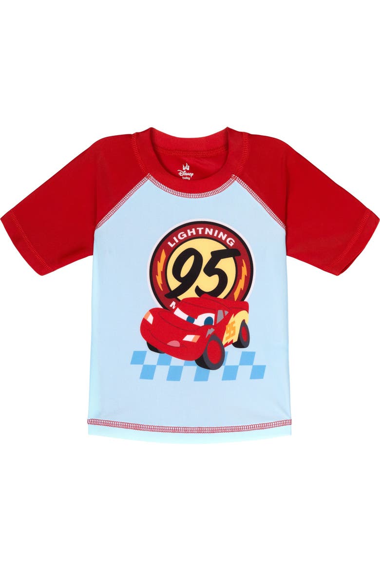 Cars Lightning McQueen Swimwear 2-Piece Rash Guard and Swim Trunks Set, Alternate, color, Racing Red McQueen