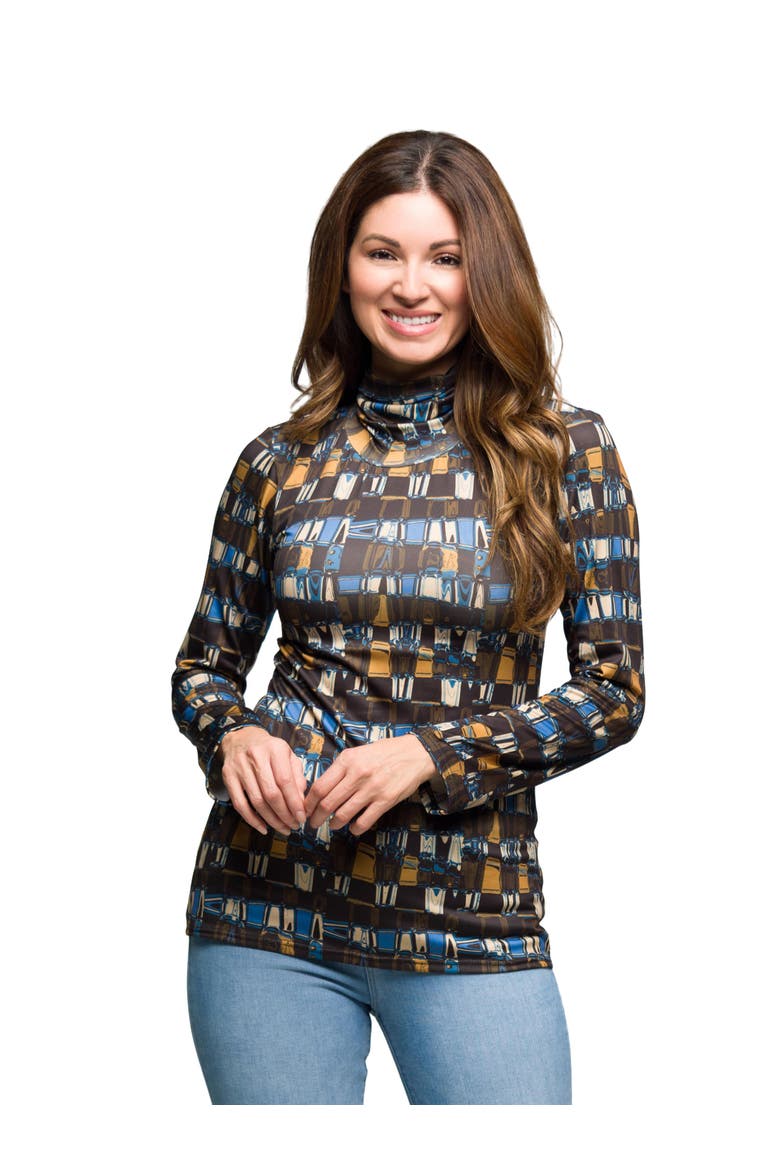 Mock Neck Long Sleeve Printed Top, Main, color, Brown Multi