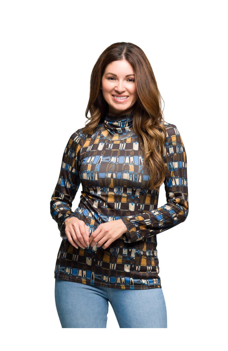 24seven Comfort Apparel Mock Neck Long Sleeve Printed Top, Main, color, Brown Multi