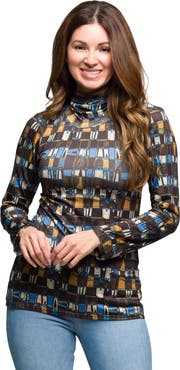 24seven Comfort Apparel Mock Neck Long Sleeve Printed Top