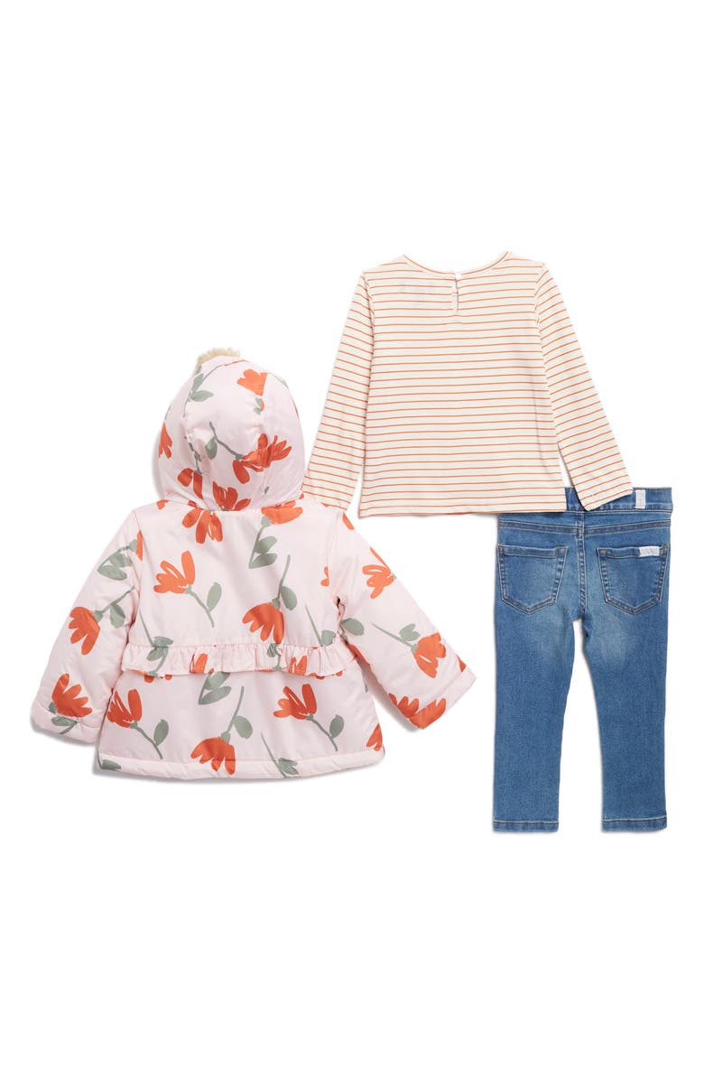 7 For All Mankind Kids' Floral Jacket with Faux Fur Trim, Stripe Top & Jeans Set, Alternate, color,