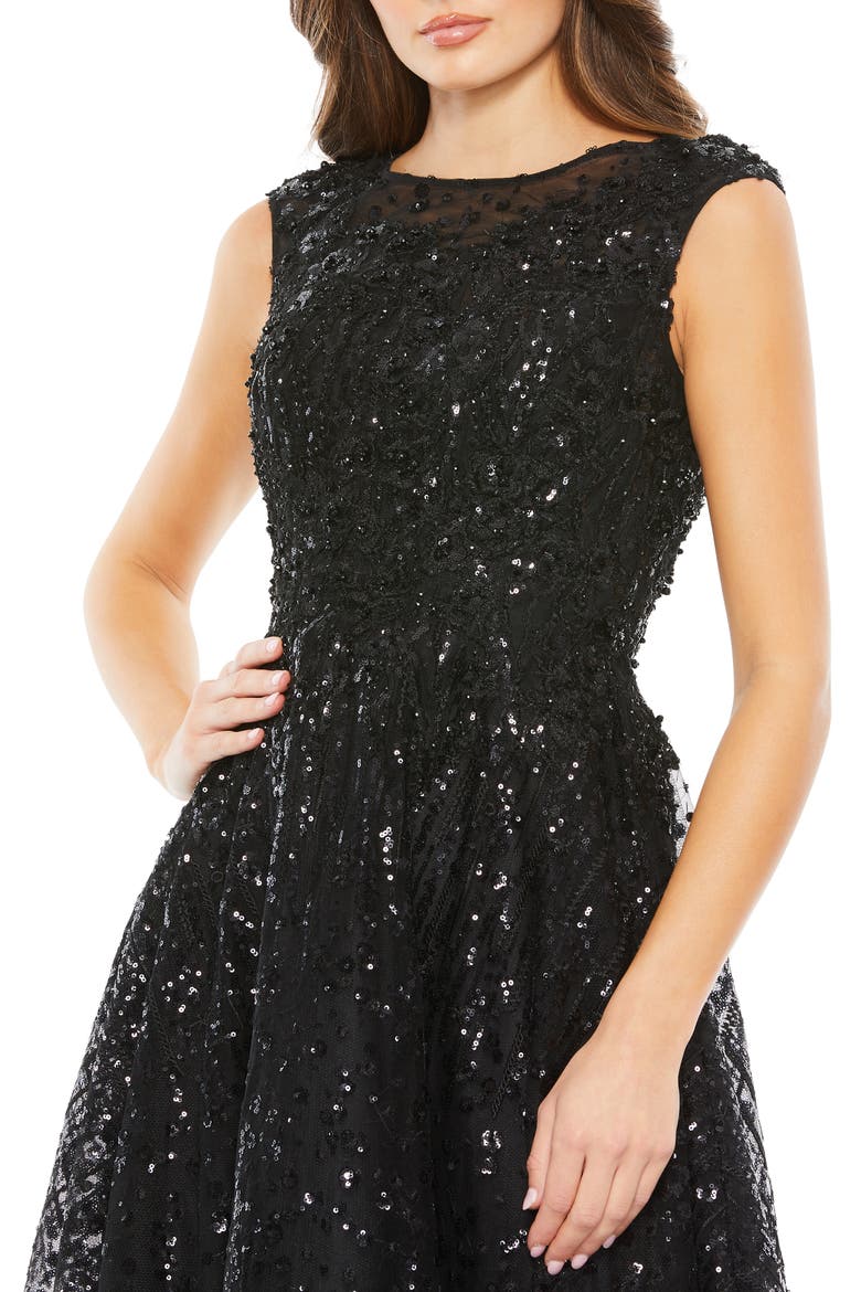 Sequin Cap Sleeve Fit & Flare Cocktail Dress, Alternate, color, BLACK