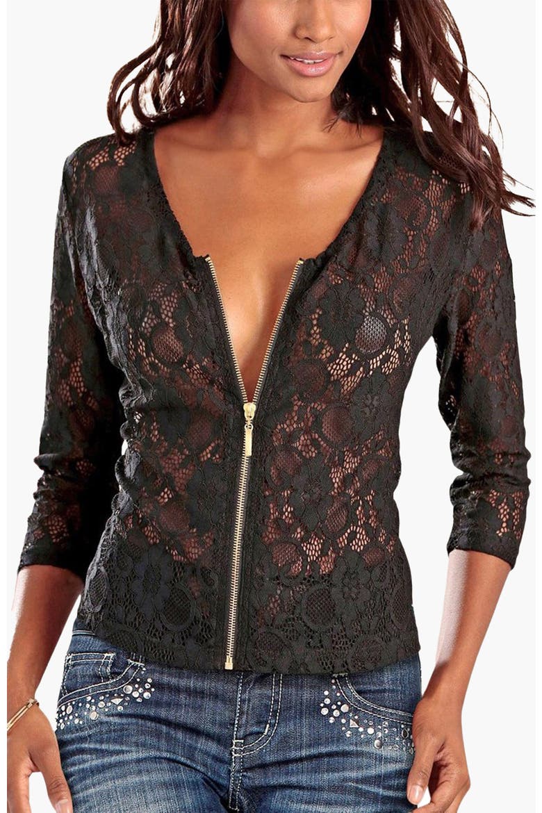 Floral Lace Zip Jacket, Main, color, Black