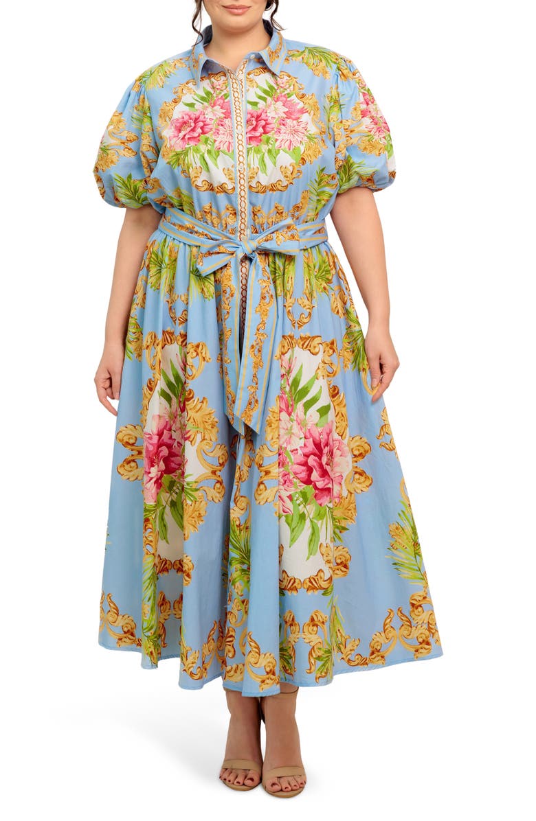 FLYING TOMATO Print Tie Waist Shirtdress, Main, color, Light Blue Multi