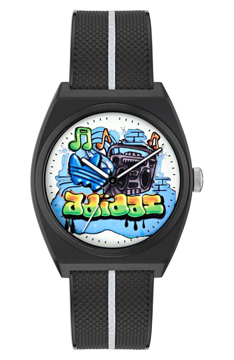 adidas AO Street Project 2 Graphic Dial Resin Strap Watch, 38mm, Main, color, Black