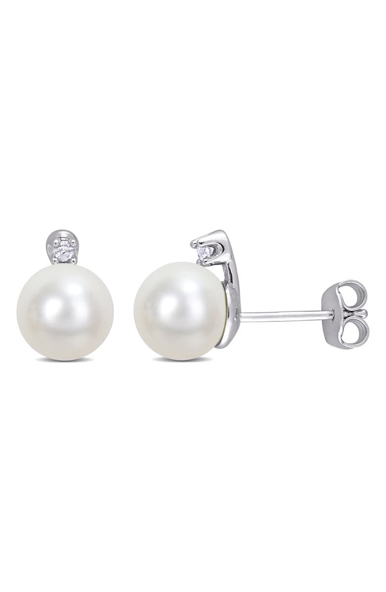 DELMAR Freshwater Pearl & Diamond Stud Earrings, Main, color, White