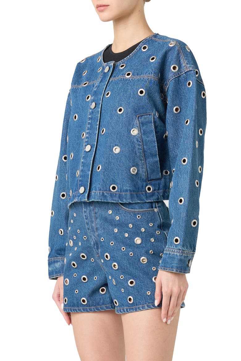 Grommet Collarless Crop Denim Jacket, Alternate, color, SILVER DREAMS