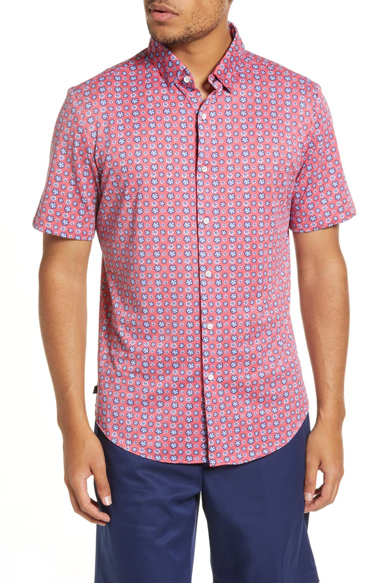 Men's Halyard Floral Short Sleeve Stretch Button-Up Shirt, Main, color, RED FLORAL PRINT