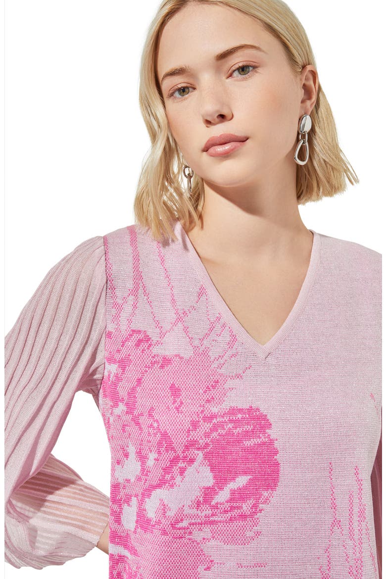 Floral Print Metallic Pleated Sleeve Shift Dress, Alternate, color, PERFECT PINK/CARMINE ROSE