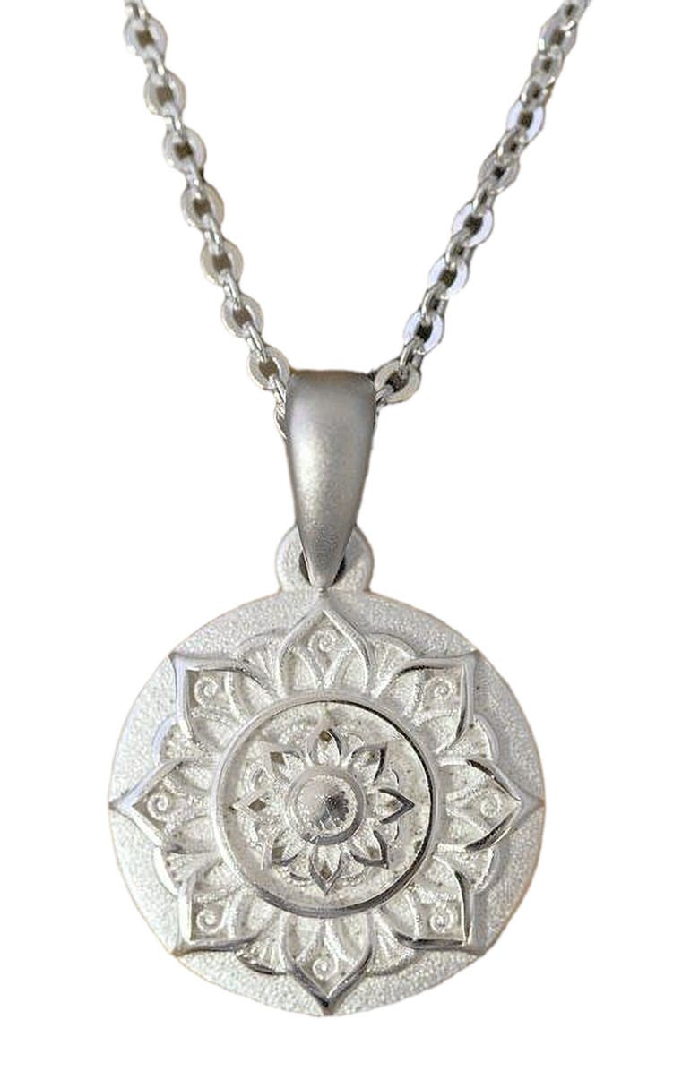 Mantra I Am Grateful mandala necklace, Main, color, Mini - Silver