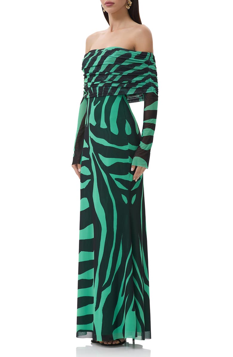 AFRM Thelma Print Off the Shoulder Long Sleeve Mesh Maxi Dress, Alternate, color, Green Zebra
