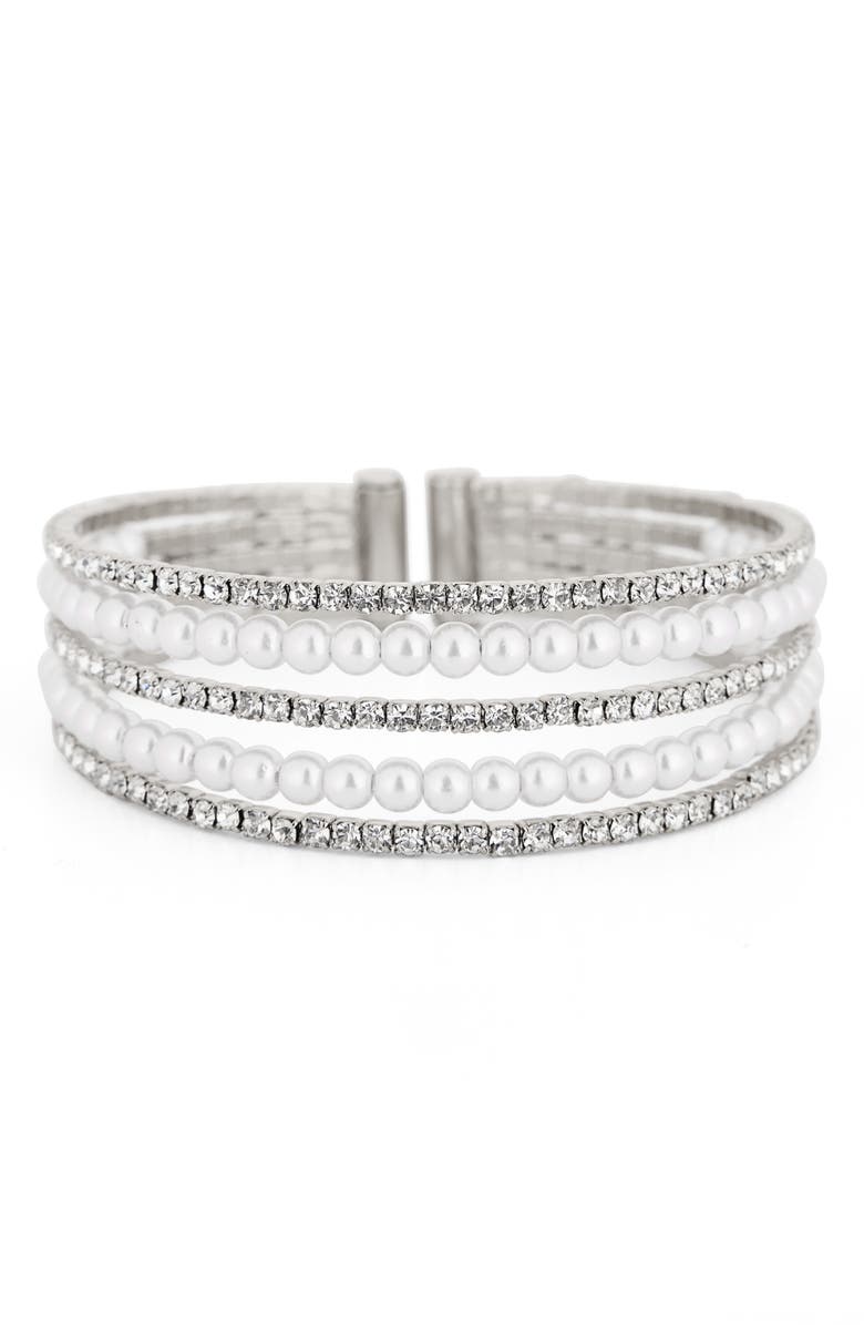 NORDSTROM RACK Faux Pearl & Crystal Cuff Bracelet, Main, color, Clear- White- Silver