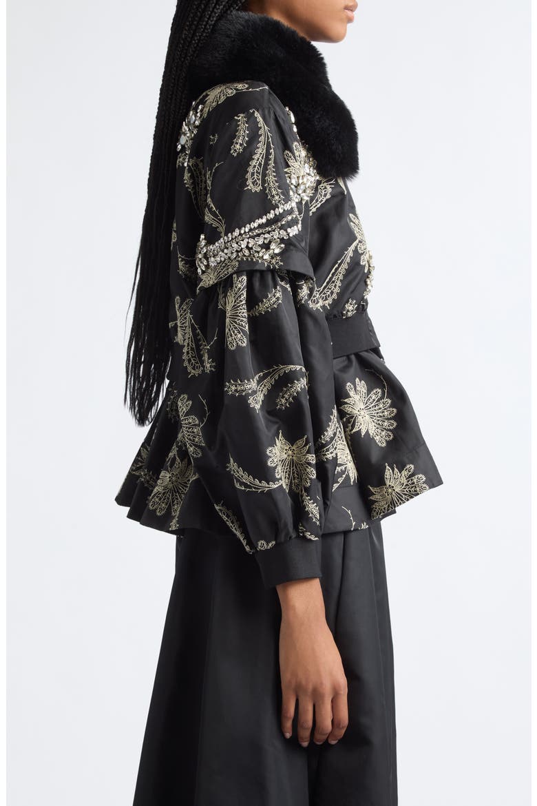 Armelle Paisley Fan Embroidered Jacket with Faux Fur Collar, Alternate, color, BLACK/ GARDENIA