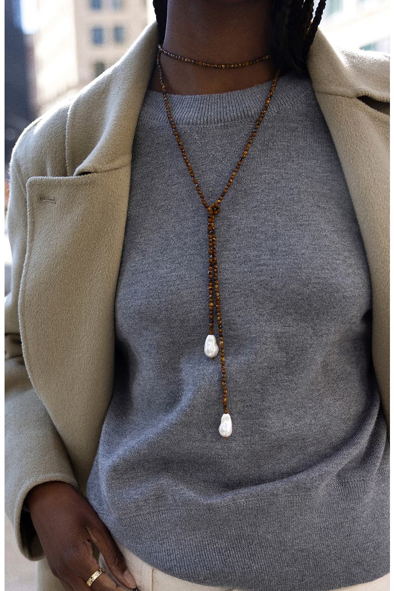 Faux Pearl & Faux Semi Precious Stone Wrap Necklace, Alternate, color, BROWN