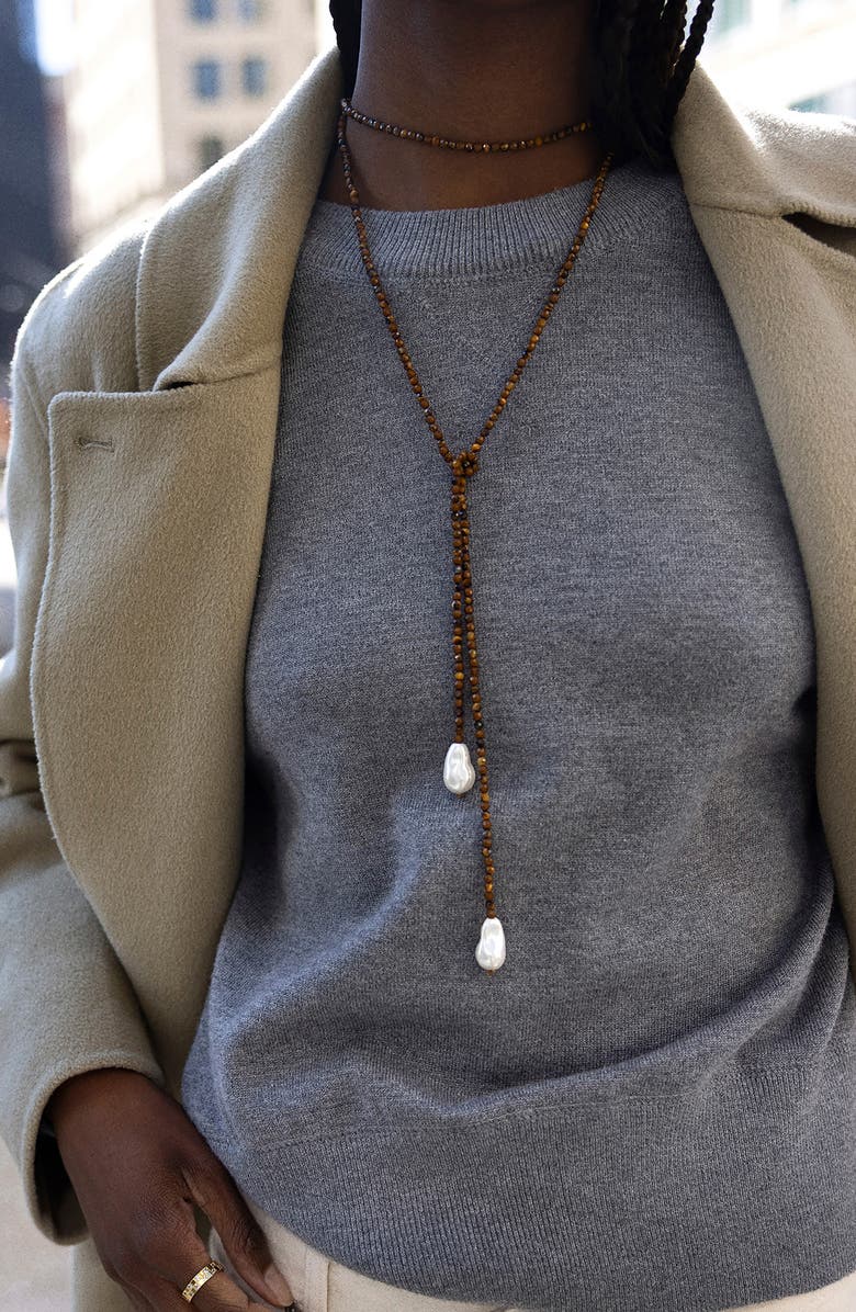 BaubleBar Faux Pearl & Faux Semi Precious Stone Wrap Necklace, Alternate, color, Brown