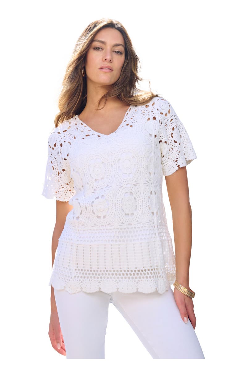 Roaman's Plus Size Medallion Pattern French Crochet Sweater Top, Main, color, White