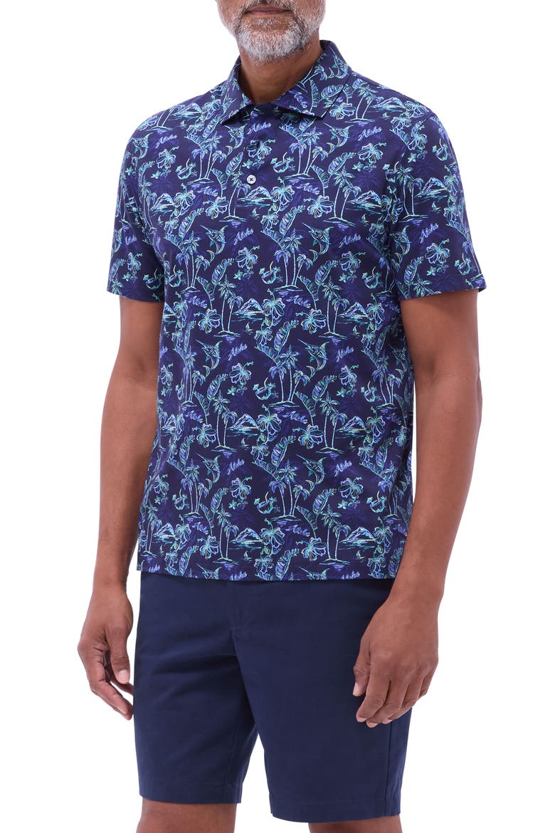 Hendrix Digital Island Print Pima Cotton Polo, Main, color, NAVY