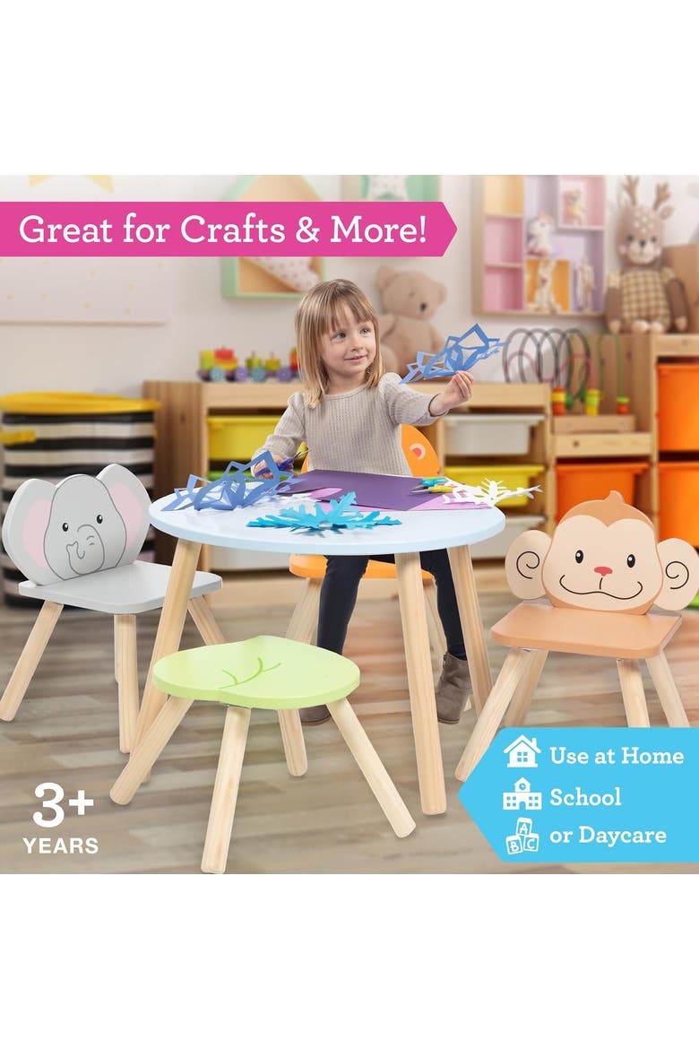 Kids Wooden Animal Table & Chair Set w 4 Seats- Monkey Lion & Elephant Plus - Durable Playroom Furniture, Alternate, color, Blue