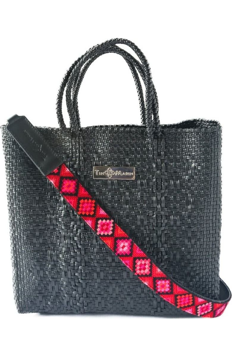 Tin Marin Mai Woven Bag Strap - Poppy with Leather, Alternate, color, Black Leather