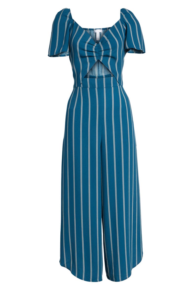 Cutout Culotte Jumpsuit, Alternate, color, TEAL SEAGATE PINSTRIPE