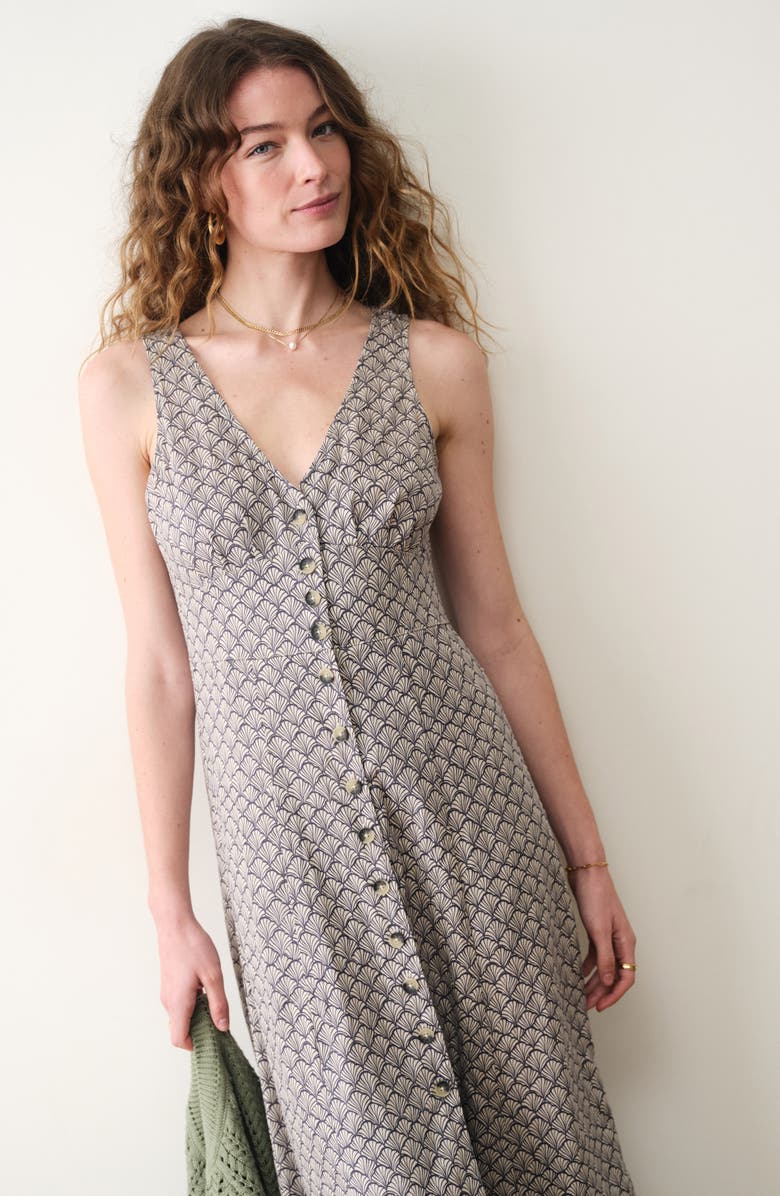 Marine Layer Camila Print Button Front Hemp Blend Maxi Dress, Alternate, color, Navy Seashell