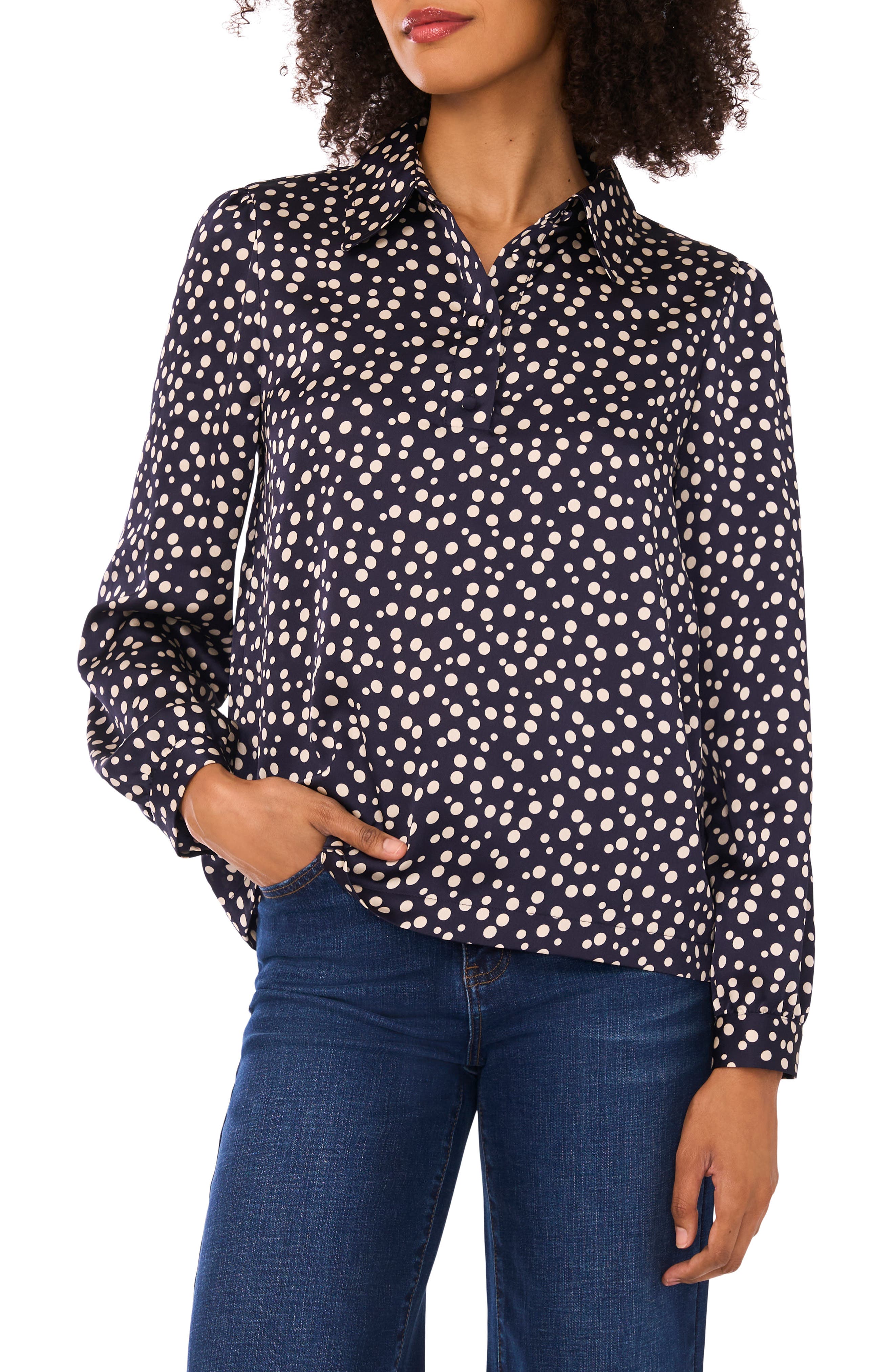 Halogen® Polka Dot Long Sleeve Satin Top