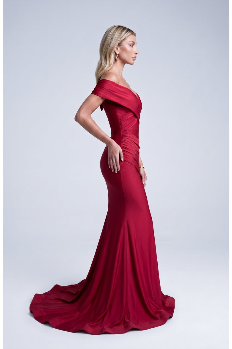 Off The Shoulder Ruched Mermaid Evening Gown, Alternate, color, Red
