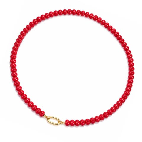 Red Beaded Gold-Tone Link Necklace