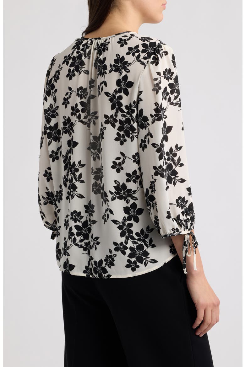 Floral V-Neck Blouse with Tie Cuffs, Alternate, color, WHITE DOVE/ ANNEBLACK