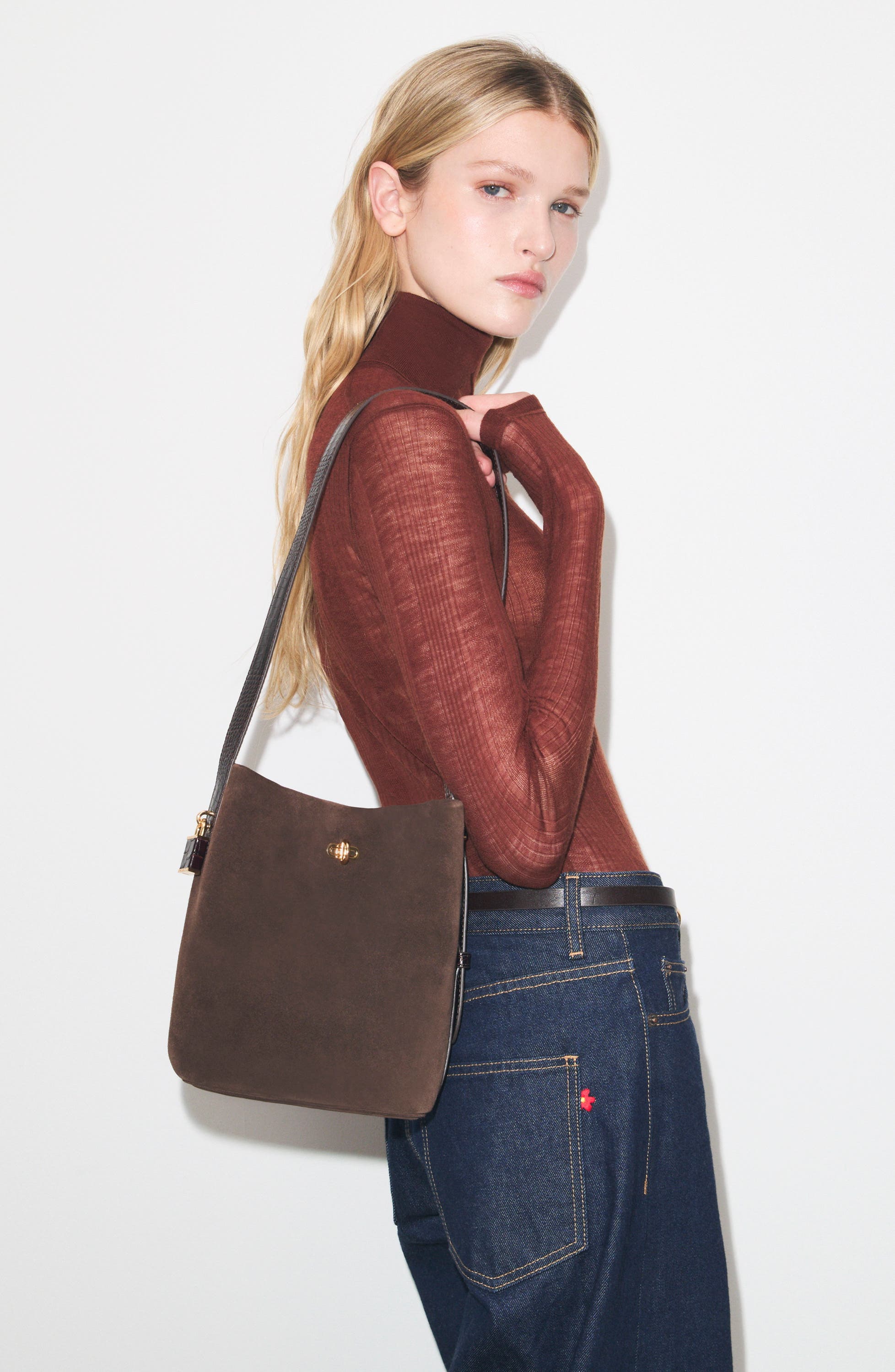 Lock Suede Slim Medium Bucket Bag, Alternate, color, DARK COCO