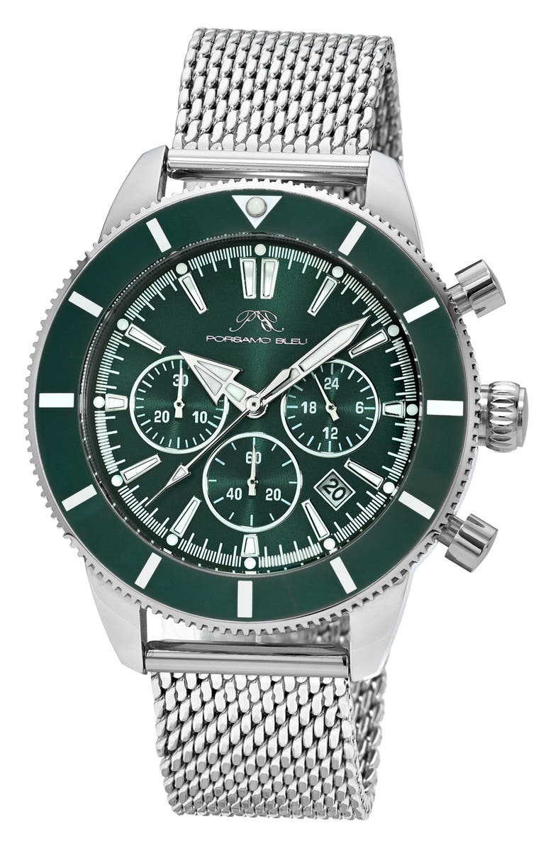 PORSAMO BLEU Brandon Chronograph Mesh Strap Watch, 44mm, Main, color, Silver/Green