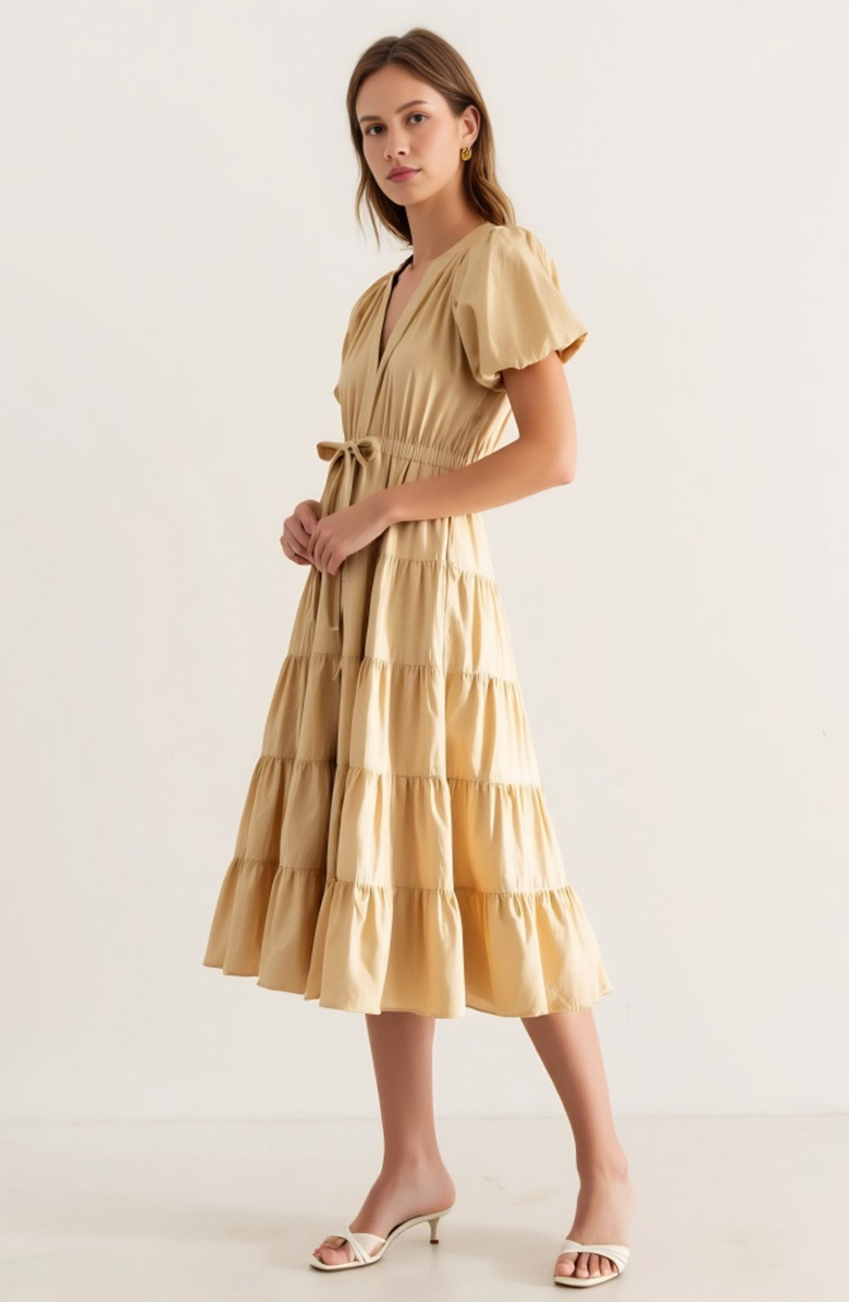 Modenaire Tiered Puff-Sleeve Tie-Waist A-Line Midi Dress, Alternate, color, Beige
