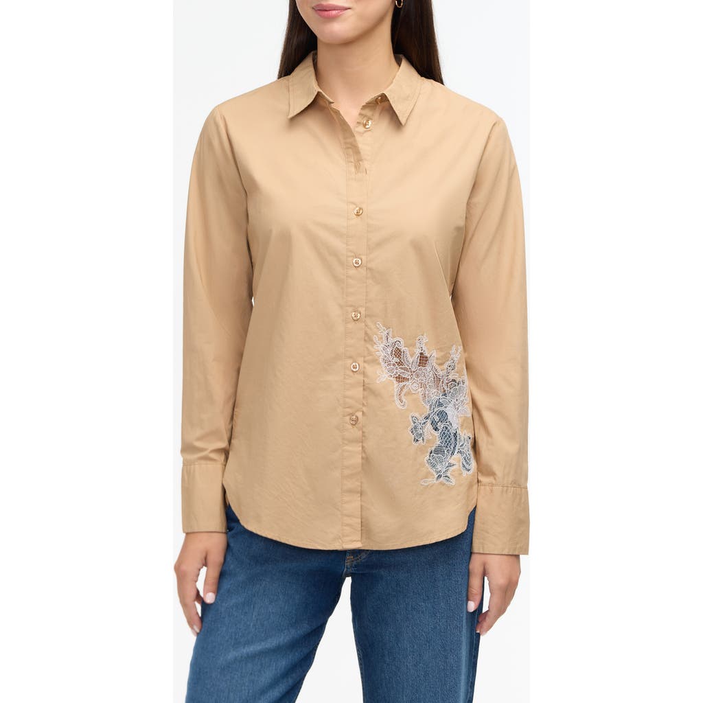 Ellen Tracy Embroidered Flower Poplin Button-up Shirt In Camel