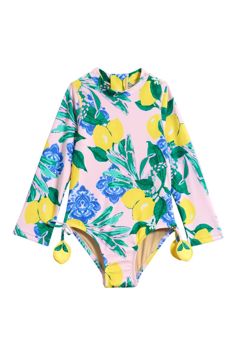 Kids' Santorini Citrus Long Sleeve One-Piece Rashguard Swimsuit, Main, color, BLUE/ YELLOW/ PINK MULTI
