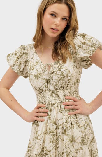 Floral Puff Sleeve Tiered Midi Dress