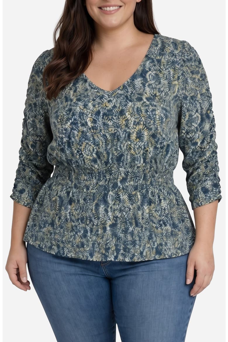 Ruched Sleeve V-Neck Top, Main, color, NAVY GOLD MULTI